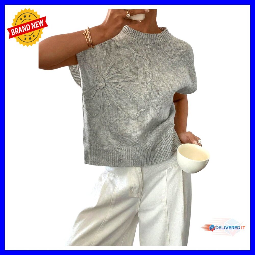 Short Sleeve 3d Floral Sweater Pullover, Lightweight Knit, Loose Fit